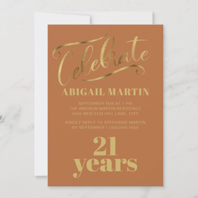 Rust Orange Gold 21st Birthday Party Celebrate Invitation (Front)