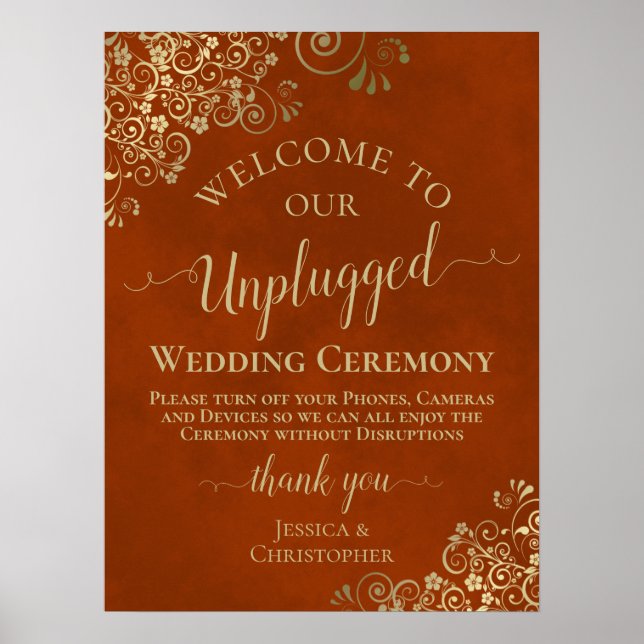 Rust Orange & Gold Chic Unplugged Wedding Ceremony Poster (Front)