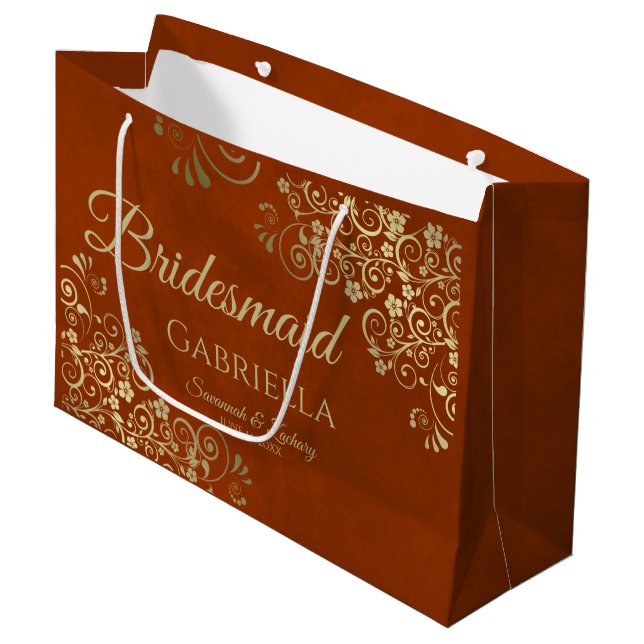 Rust Orange & Gold Curls Elegant Bridesmaid Large Gift Bag (Front Angled)