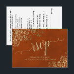 Rust Orange Gold Lace Elegant Calligraphy Wedding RSVP Card<br><div class="desc">These beautiful RSVP cards will make it easy for your guests to respond to your wedding invitation. They feature an elegant design with gold script calligraphy on a marbled rust orange or burnt umber coloured background, and lacy golden floral curls and swirls in the corners. The back of the card...</div>
