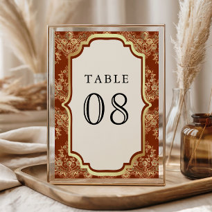 Rust Orange Gold Lace Indian Wedding Table Number