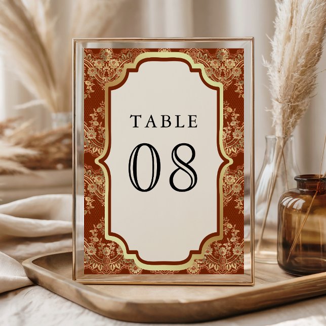Rust Orange Gold Lace Indian Wedding Table Number (Creator Uploaded)