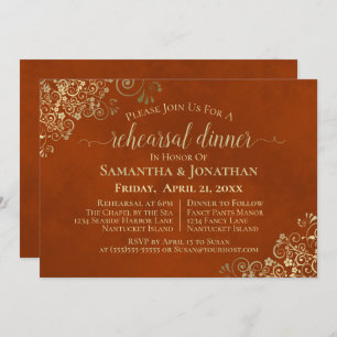 Rust Orange & Gold Lace Wedding Rehearsal & Dinner Invitation