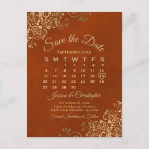 Rust Orange & Gold Wedding Save the Date Calendar Announcement Postcard
