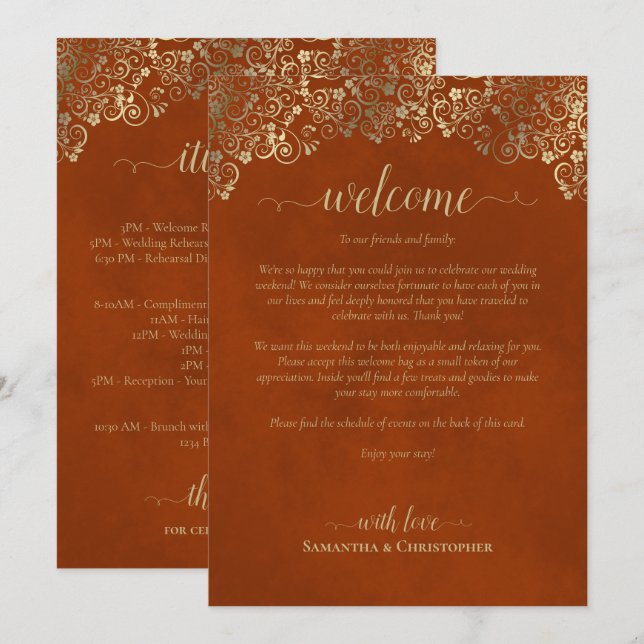 Rust Orange & Gold Wedding Welcome & Itinerary Program (Front/Back)