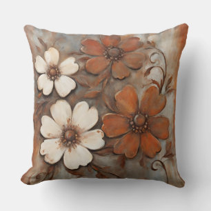 Rust Orange Grey Brown Modern Floral Throw Pillow