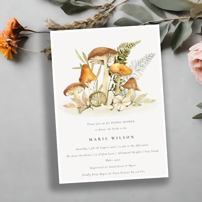 Rust Orange Mushroom Fern Foliage Bridal Shower Invitation (Creator Uploaded)