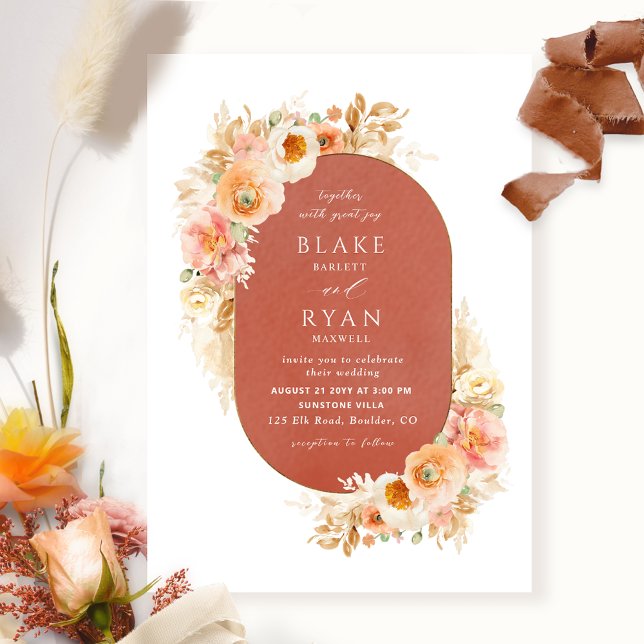 Rust Orange Peach Blush and Cream Oval Wedding Invitation (Creator Uploaded)