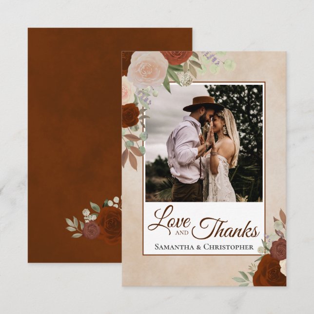 Rust Orange & Peach Floral Love & Thanks Wedding Thank You Card (Front/Back)