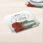 Rust Orange Rose Don't Take My Drink Wedding Paper Coaster<br><div class="desc">This wedding coaster is elegant, stylish, and fun! It features a photo of a single long-stemmed rust orange coloured rose lying on its side mirrored in a pool of water. The text reads "Please don't take my drink, I'm dancing" written in modern script lettering. There is space for the names...</div>