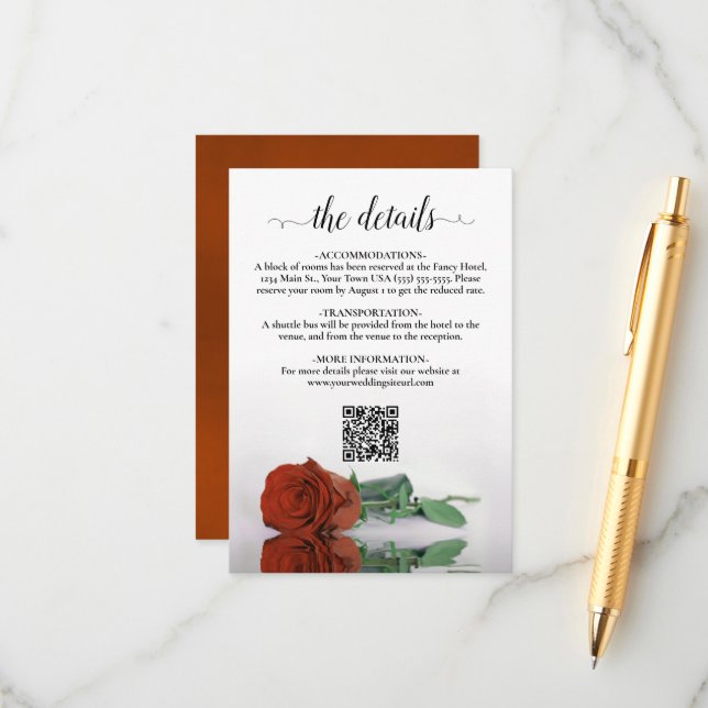 Rust Orange Rose Elegant Wedding Details QR Code Enclosure Card (Front/Back In Situ)