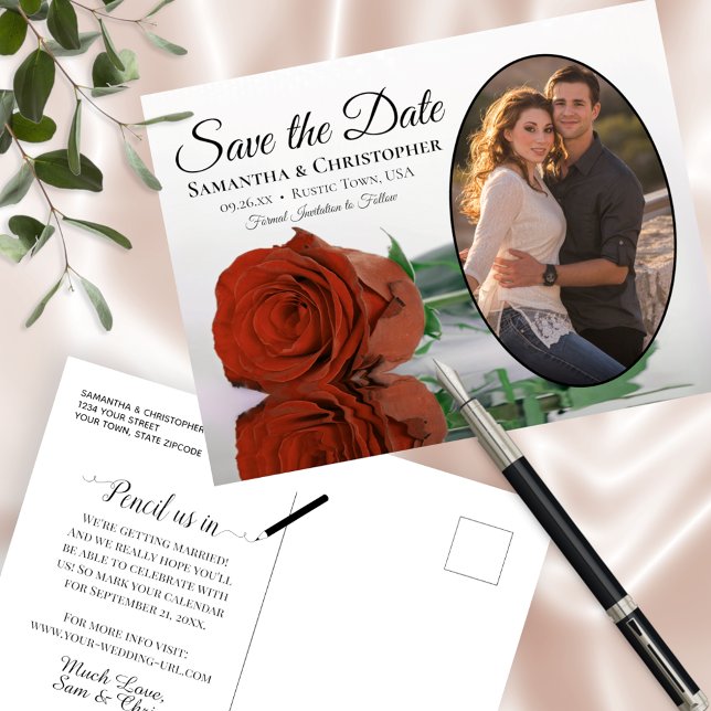 Rust Orange Rose Oval Photo Wedding Save The Date Announcement Postcard (Creator Uploaded)