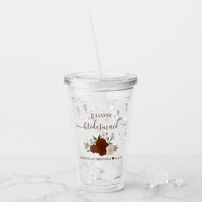 Rust Orange Roses Elegant Bridesmaid Wedding Acrylic Tumbler (Front Ice)