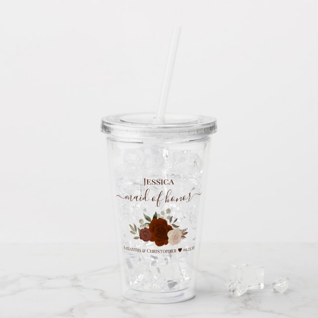 Rust Orange Roses Elegant Maid of Honour Wedding Acrylic Tumbler (Back Ice)