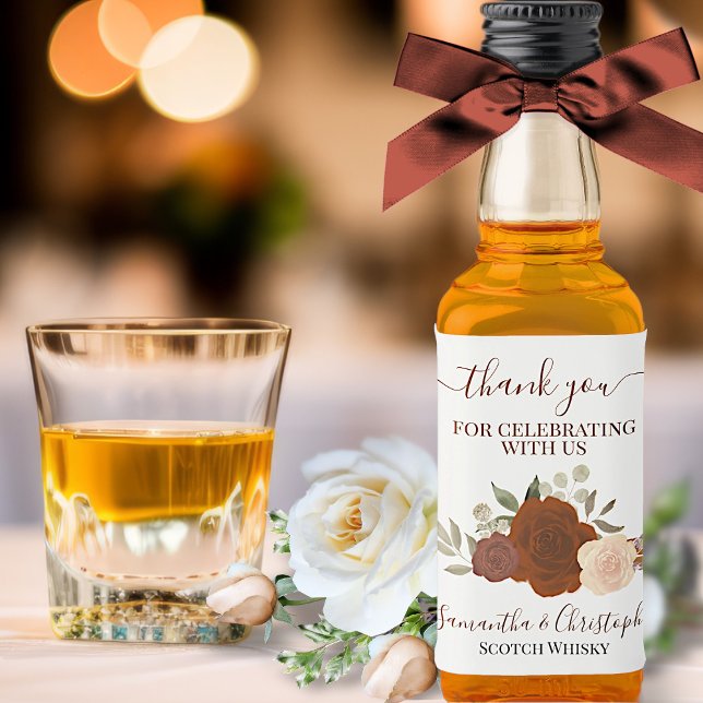 Rust Orange Roses Elegant Wedding Thank You Mini Liquor Bottle Label (In Situ with Bow and Flowers)
