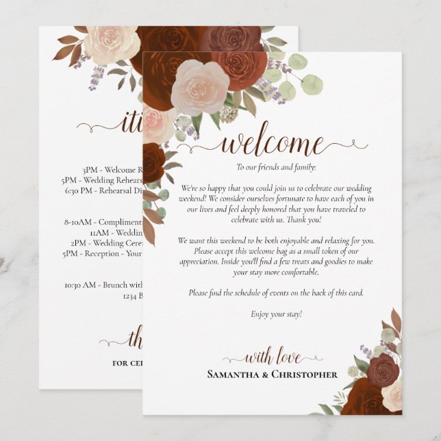 Rust Orange Roses Wedding Welcome & Itinerary Program (Front/Back)