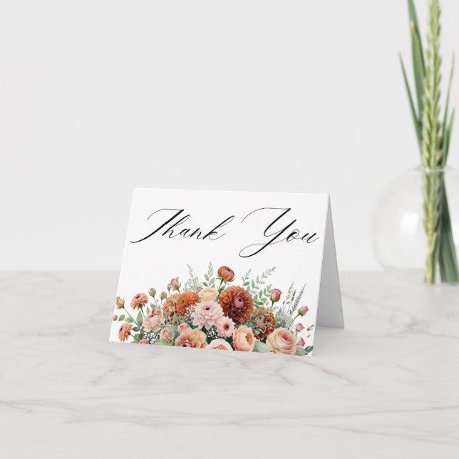 Rust Orange Sage Green Cream Flowers Fall Wedding Thank You Card (Front)