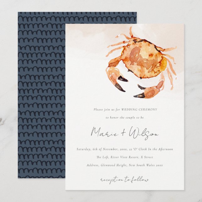 Rust Orange Sand Coastal Crab Nautical Wedding Invitation (Front/Back)