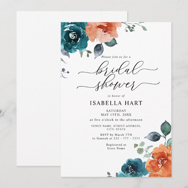Rust Orange Teal Burnt Floral Bridal Shower Invitation (Front/Back)