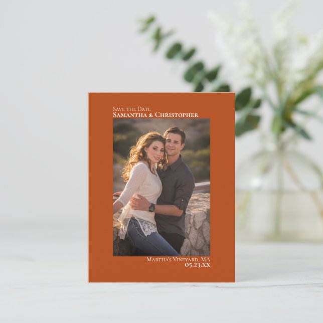 Rust Orange Vertical Photo Minimalist Wedding Save The Date (Standing Front)