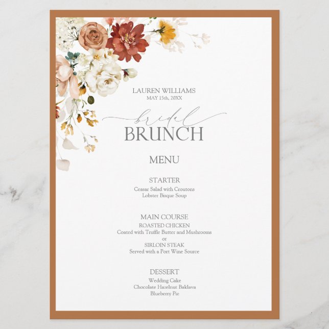 Rust Orange Watercolor Botanical Bridal Brunch Menu (Front)