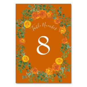 Rust Orange Wedding Vintage Floral Table Number