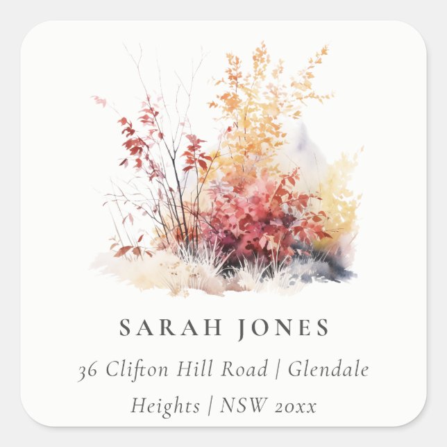 Rust Orange Yellow Autumn Fall Landscape Address Square Sticker (Front)