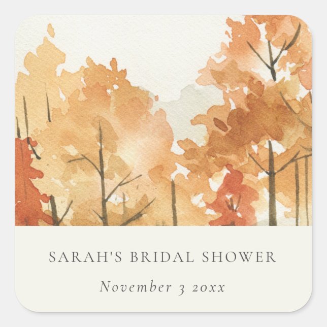 Rust Orange Yellow Autumn Fall Tree Bridal Shower Square Sticker (Front)