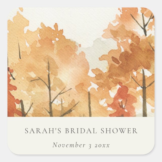 Rust Orange Yellow Autumn Fall Tree Bridal Shower Square Sticker (Front)