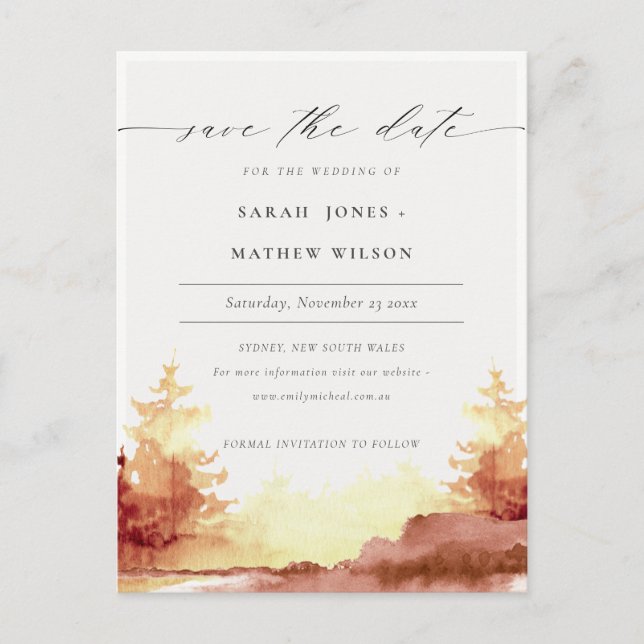Rust Orange Yellow Fall Trees Save the Date Card (Front)