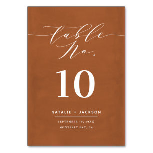 Rust painted elegant script text wedding table number
