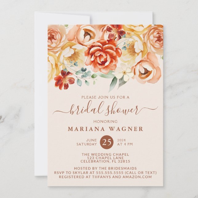 Rust Peach Beige Floral Bridal Shower Invitation (Front)