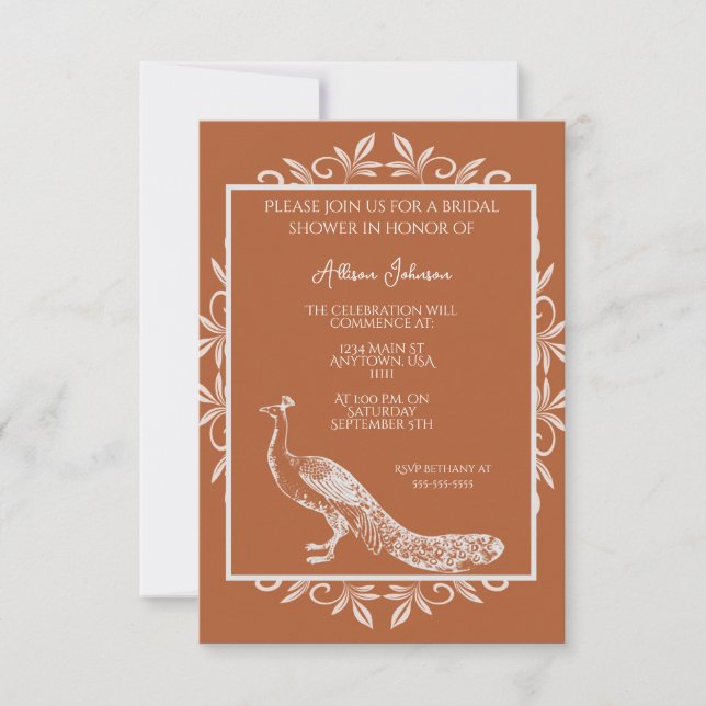 Rust Peacock Flourish Bridal Shower Invitation (Front)