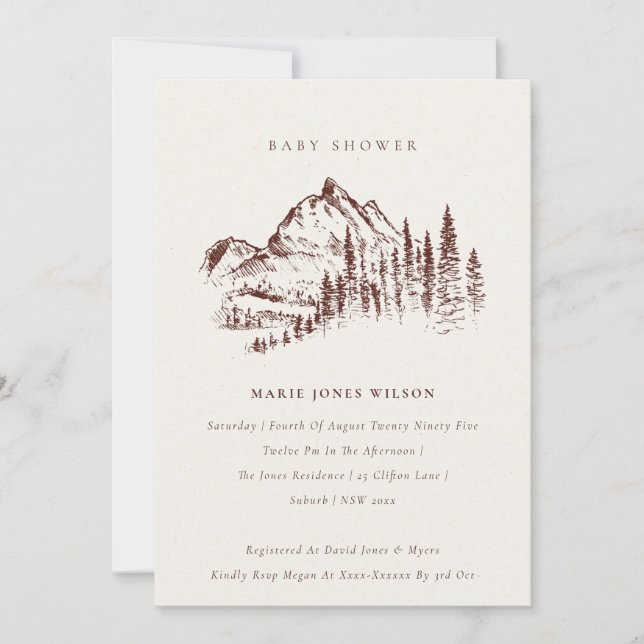 Rust Pine Mountain Sketch Baby Shower Invite (Front)