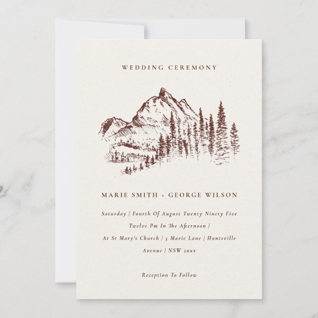 Rust Pine Woods Mountain Sketch Wedding Invite (Front)
