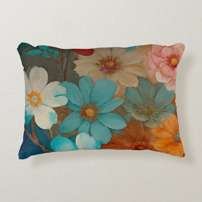 Rust, Pink and Turquoise Floral Accent Pillow (Front)