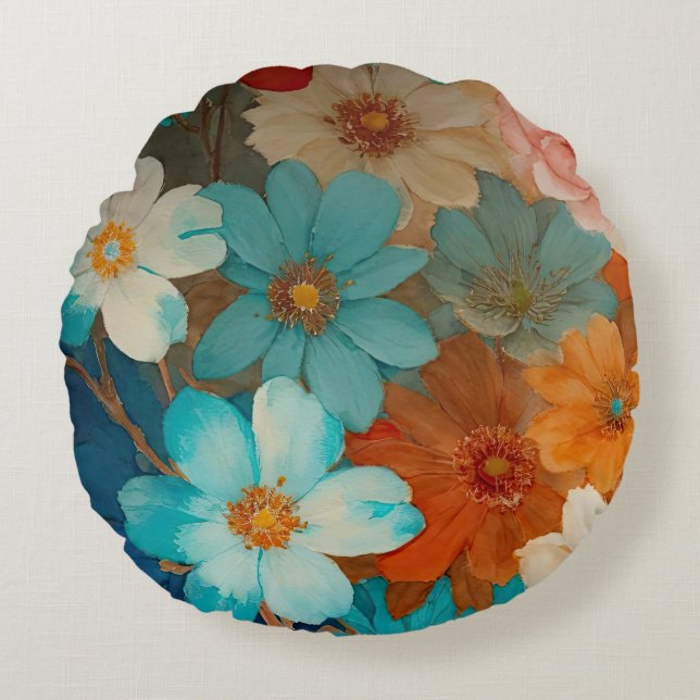 Rust, Pink and Turquoise Floral Round Pillow (Front)