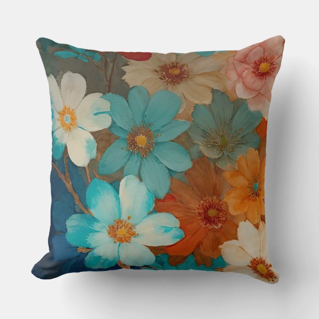 Rust, Pink and Turquoise Floral Throw Pillow (Front)