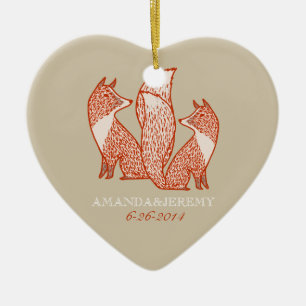 Rust Red and Ivory Foxes Anniversary Ceramic Ornament