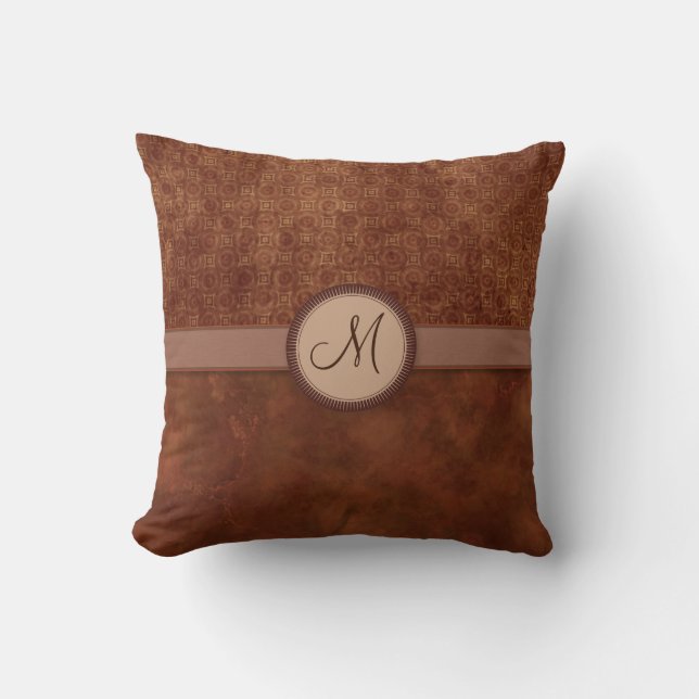 Rust Red Coin Pattern with Monogram Throw Pillow (Front)