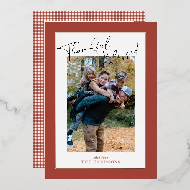 Rust red foil gingham Thanksgiving family photo  Foil Holiday Card (Front/Back)