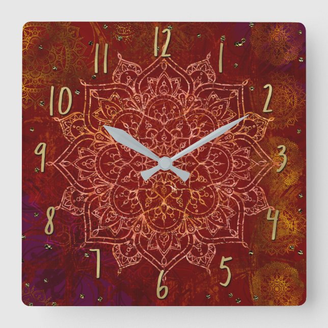 Rust Red Mandala Gold Glam Modern Chic Square Wall Clock (Front)