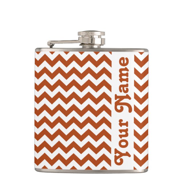 Rust Red Safari Chevron with customizable name Hip Flask (Front)