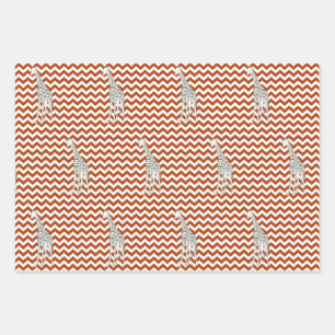 Rust Red Safari Chevron with Pop Art Giraffe Wrapping Paper Sheet