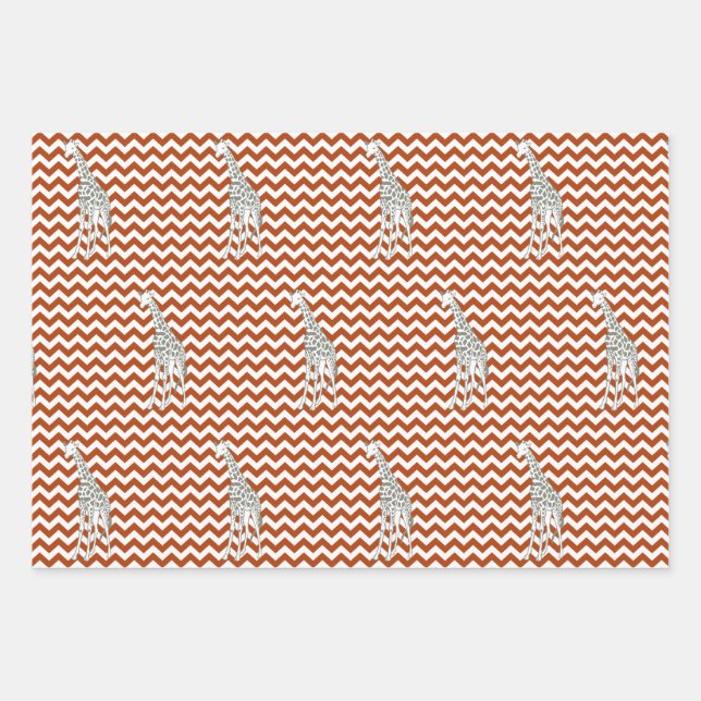 Rust Red Safari Chevron with Pop Art Giraffe Wrapping Paper Sheet (Front)