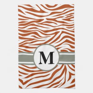 Rust Red Safari Zebra with monogram Kitchen Towel