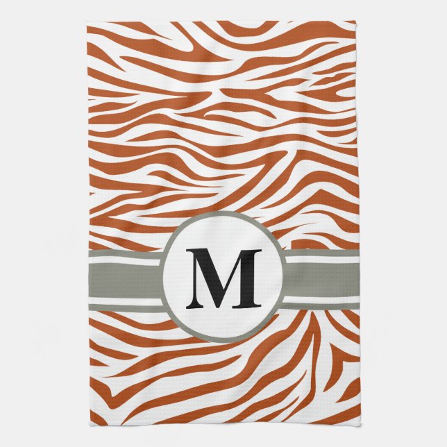 Rust Red Safari Zebra with monogram Kitchen Towel (Vertical)