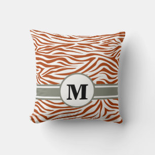 Rust Red Safari Zebra with Monogram Throw Pillow