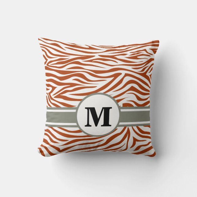 Rust Red Safari Zebra with Monogram Throw Pillow (Front)