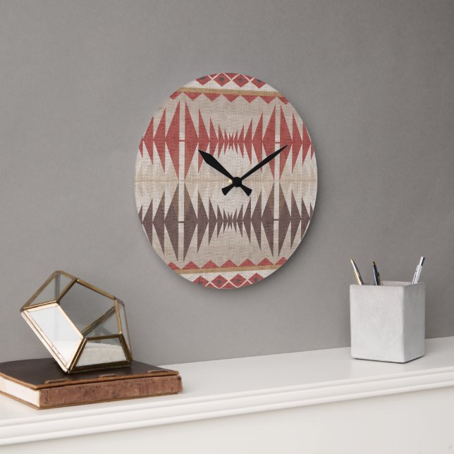 Rust Red Taupe Beige Dark Brown Tribal Art Large Clock (Office)